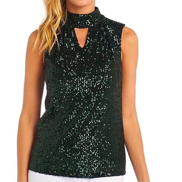Cable & Gauge NWT Sleeveless NWT Emerald Green Sequin Mock Neck
Top with 'V' Cut - Picture 1 of 13